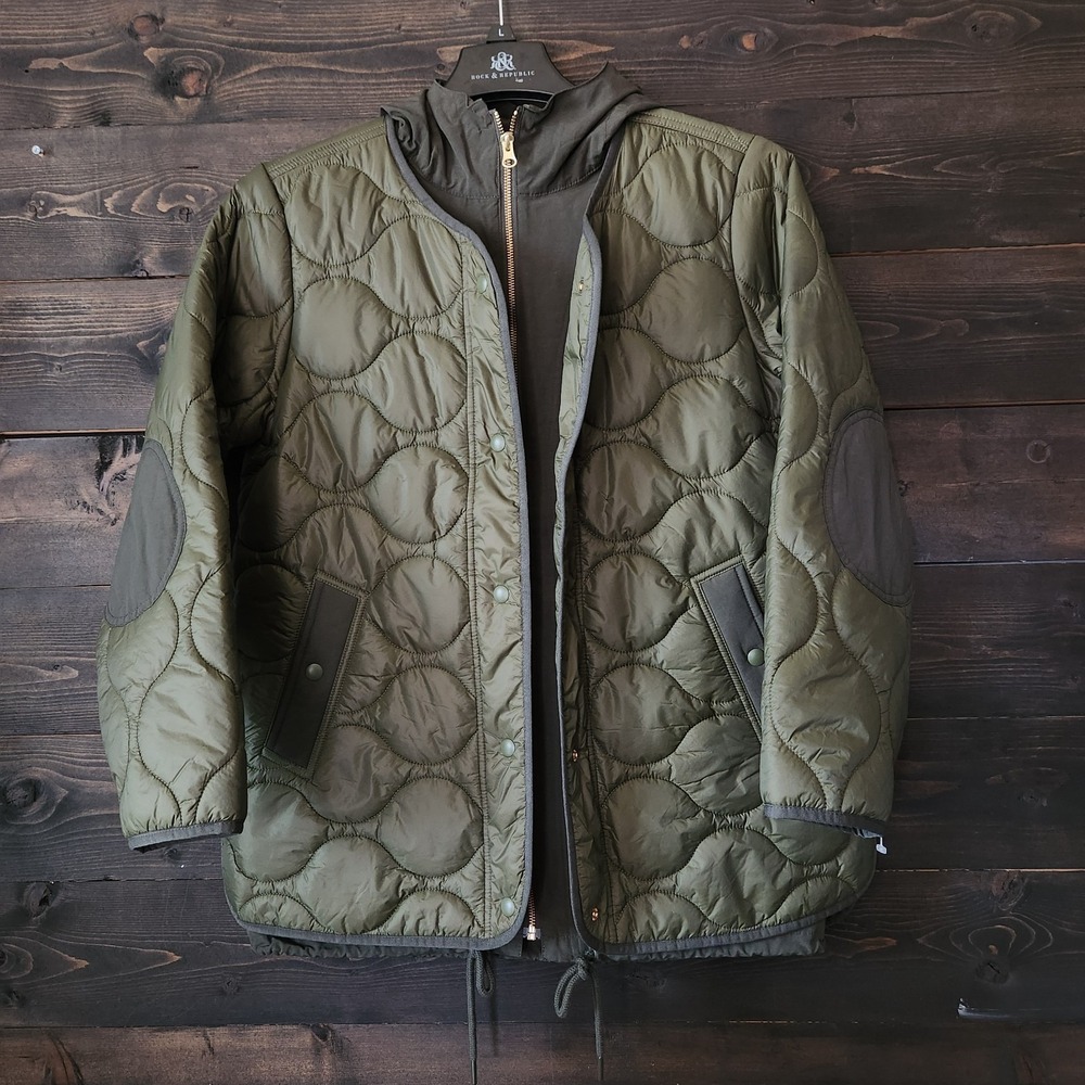 J.Crew Military Liner Inspired Quilted Puffer Hooded Size XS Olive Green Layered - Picture 16 of 16